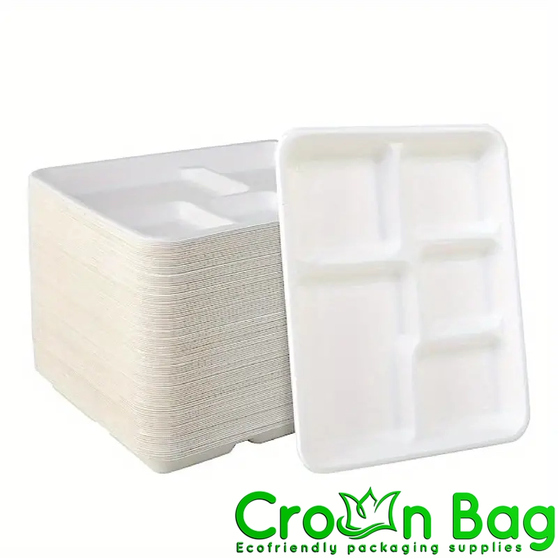 Bagasse Fiber Dinnerware, 5-Compartment Tray,500/Carton